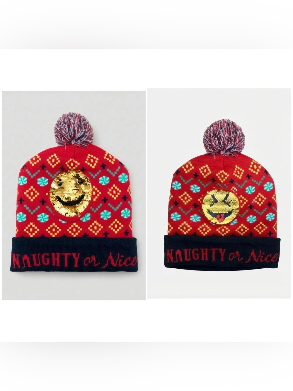 Red Christmas Unisex Pom Pom Hat with Sequin Emoji Patch - Naughty or Nice -- OS